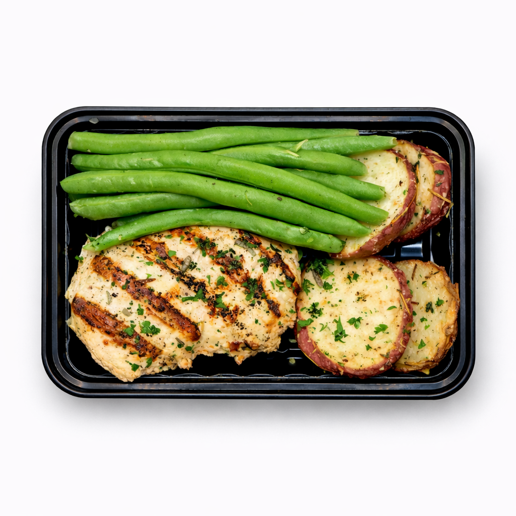 Grilled Rosemary Chicken with Roasted Herb Potatoes and Steamed Green Beans
