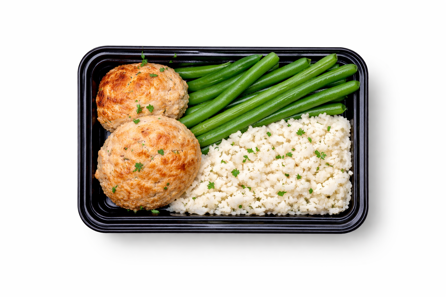 Chicken Teriyaki Meatballs with Coconut Rice and Steamed Green Beans