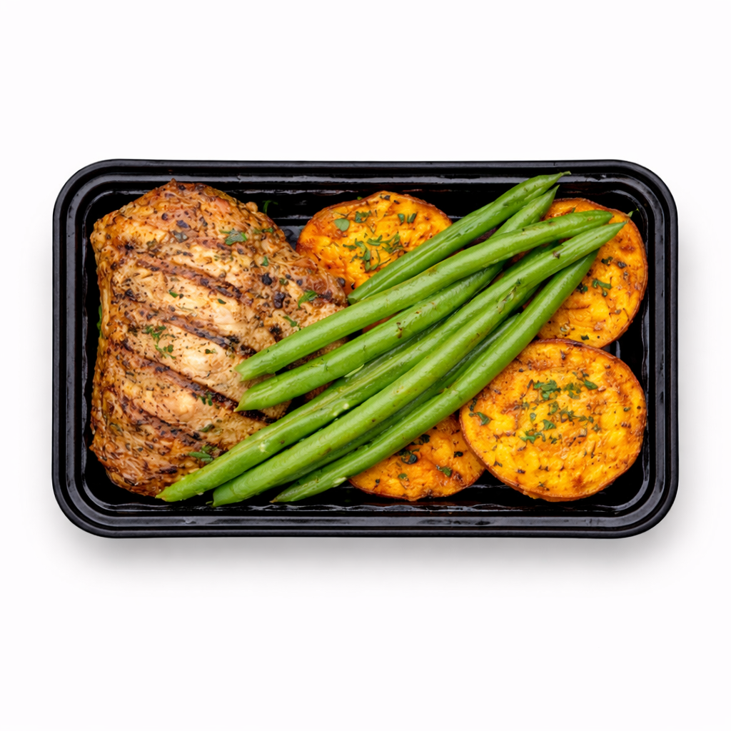 Mojito Grilled Chicken with Roasted Sweet Potatoes and Steamed Green Beans