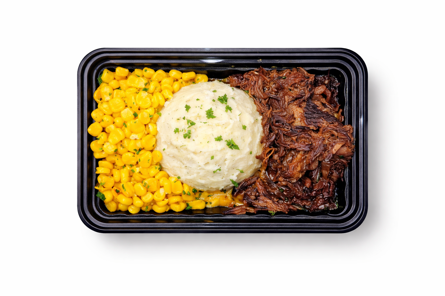 BBQ Beef with Garlic Mashed Potatoes and Cajun Cream Corn