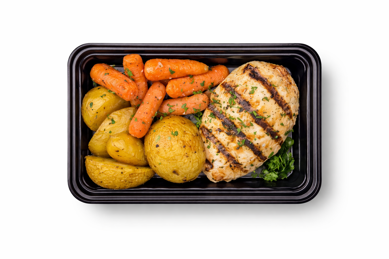 Lemon Dill Grilled Chicken with Seasoned Potatoes and Roasted Maple Carrots