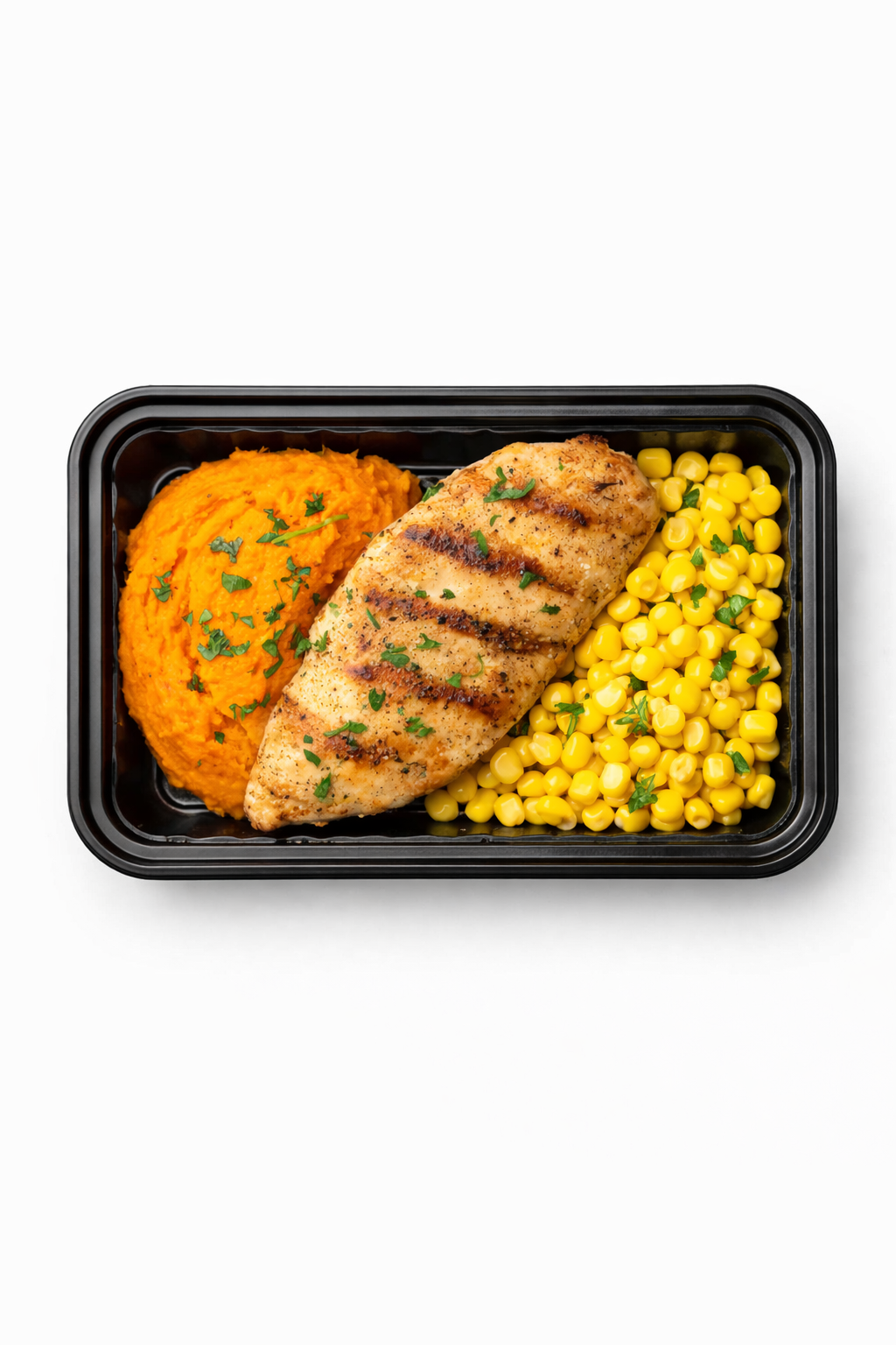 Grilled Creole Chicken with Sweet Potato Mash and Creamed Corn