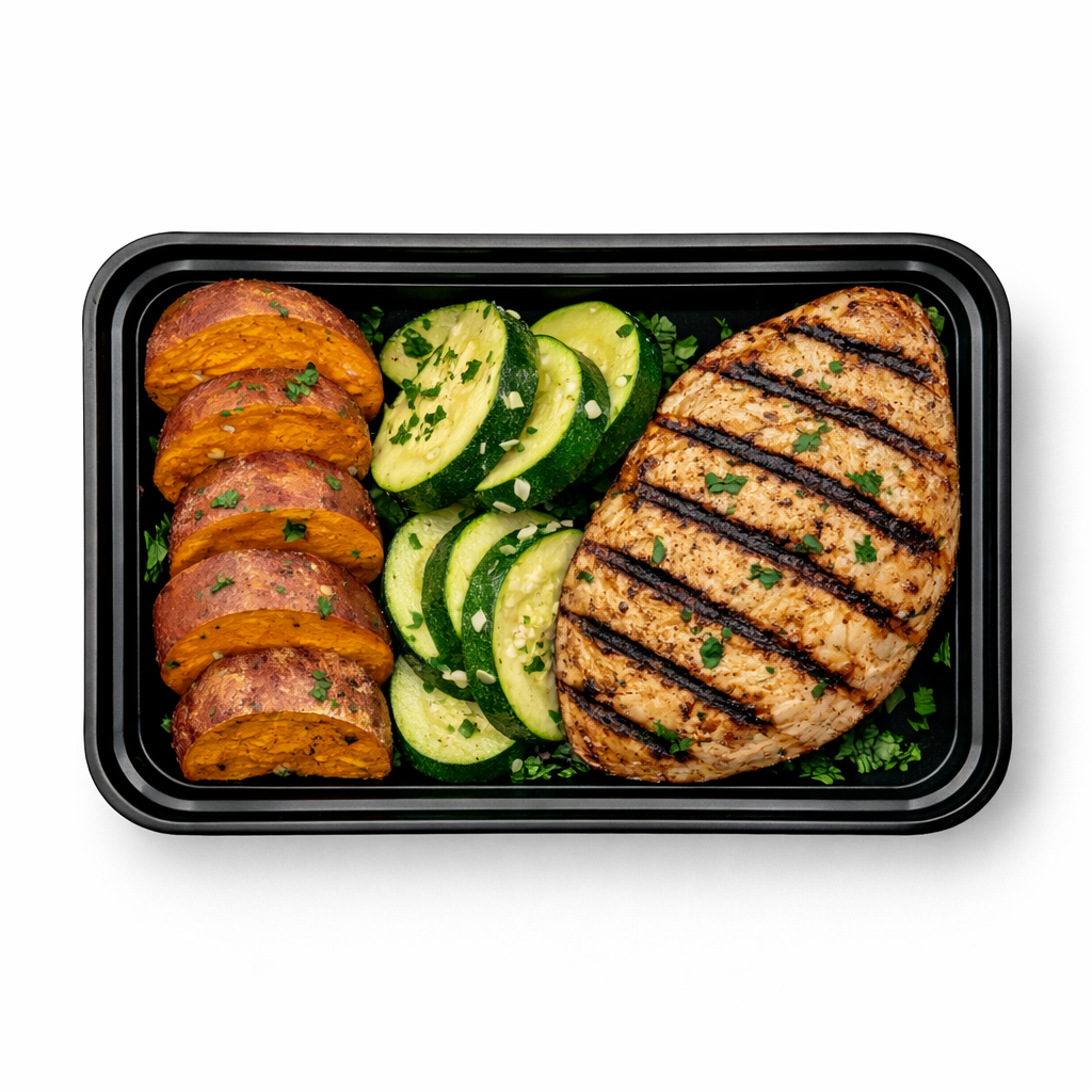 Balsamic Grilled Chicken with Roasted Sweet Potatoes and Zucchini