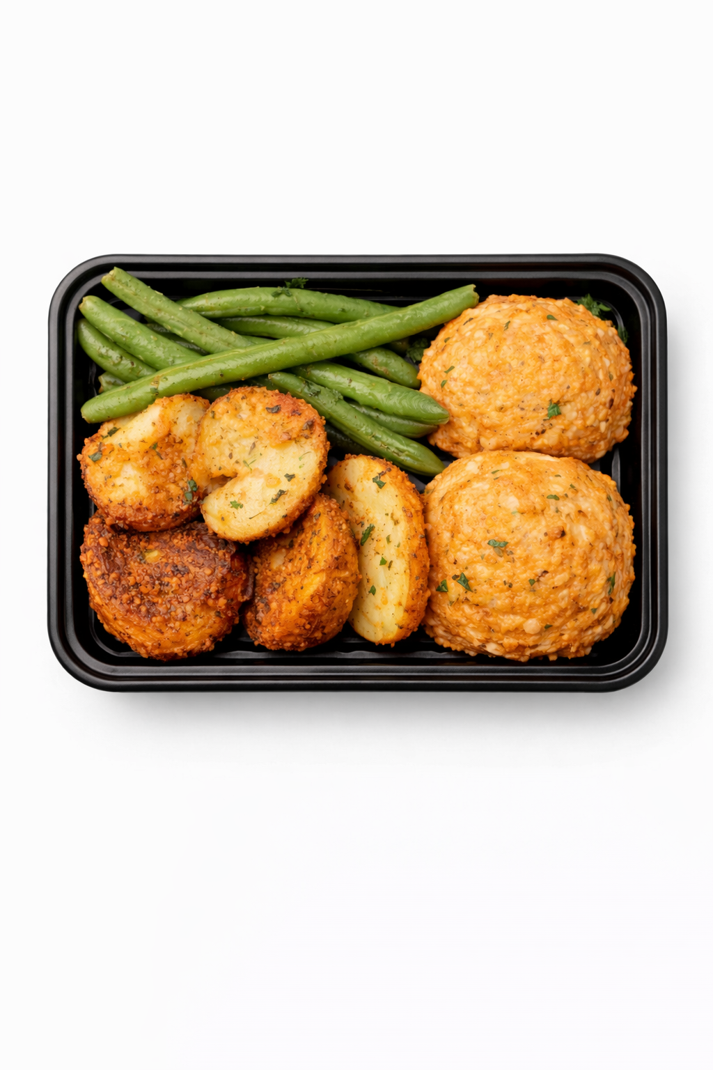 Zesty Meatballs with Parmesan Potatoes and Steamed Green Beans