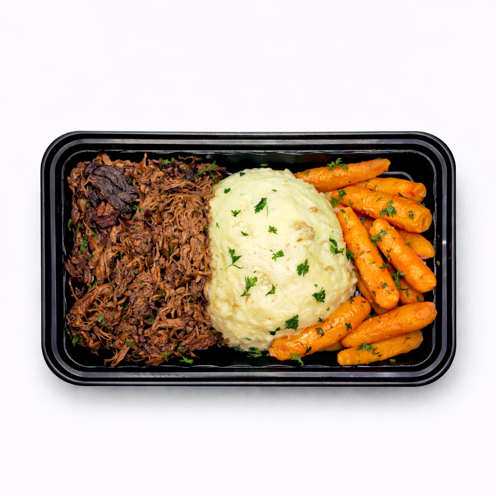 Balsamic Beef with Parmesan Potatoes and Italian Roasted Carrots