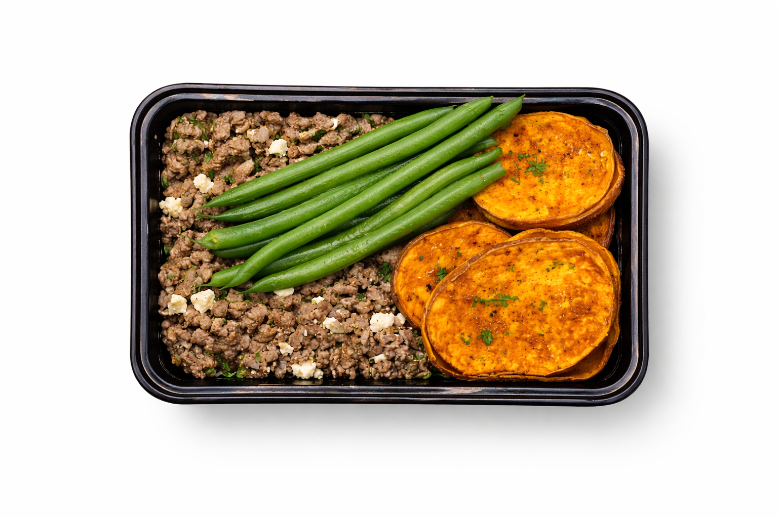 Greek Beef with Roasted Sweet Potatoes and Steamed Green Beans
