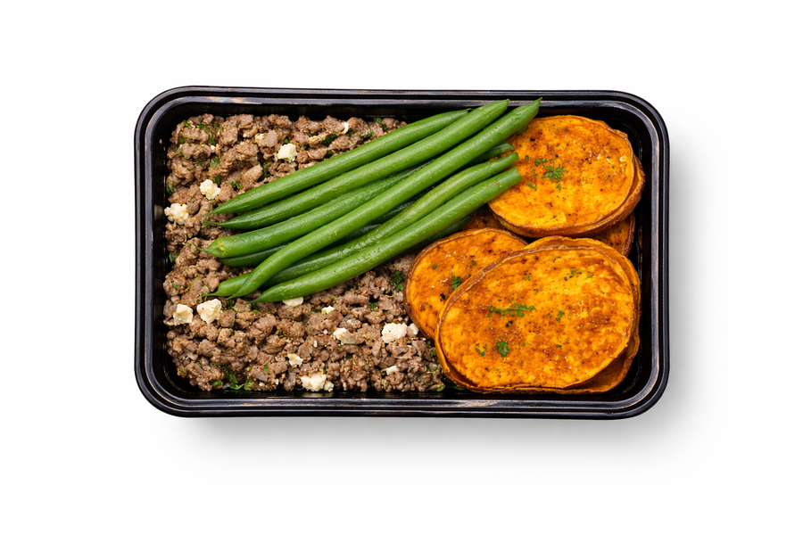 Greek Beef with Roasted Sweet Potatoes and Steamed Green Beans