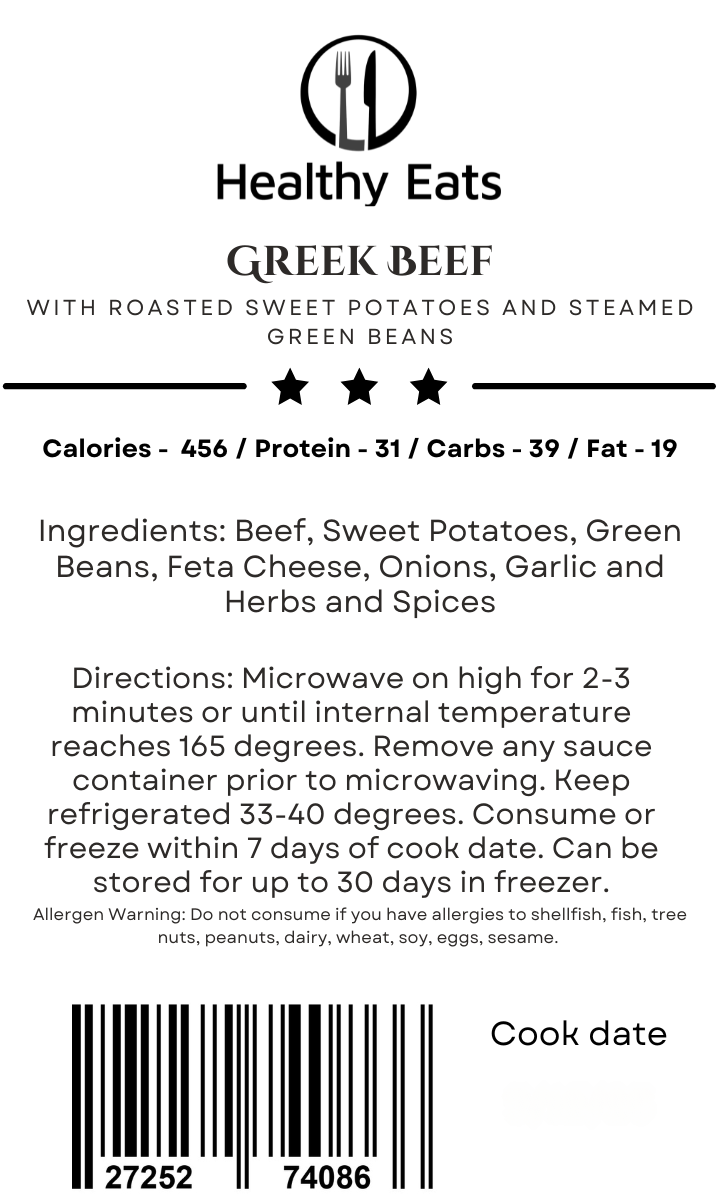 Greek Beef with Roasted Sweet Potatoes and Steamed Green Beans