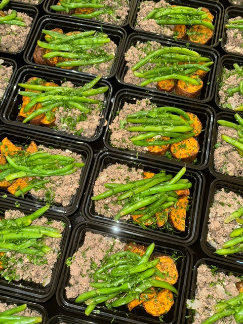 Greek Beef with Roasted Sweet Potatoes and Steamed Green Beans