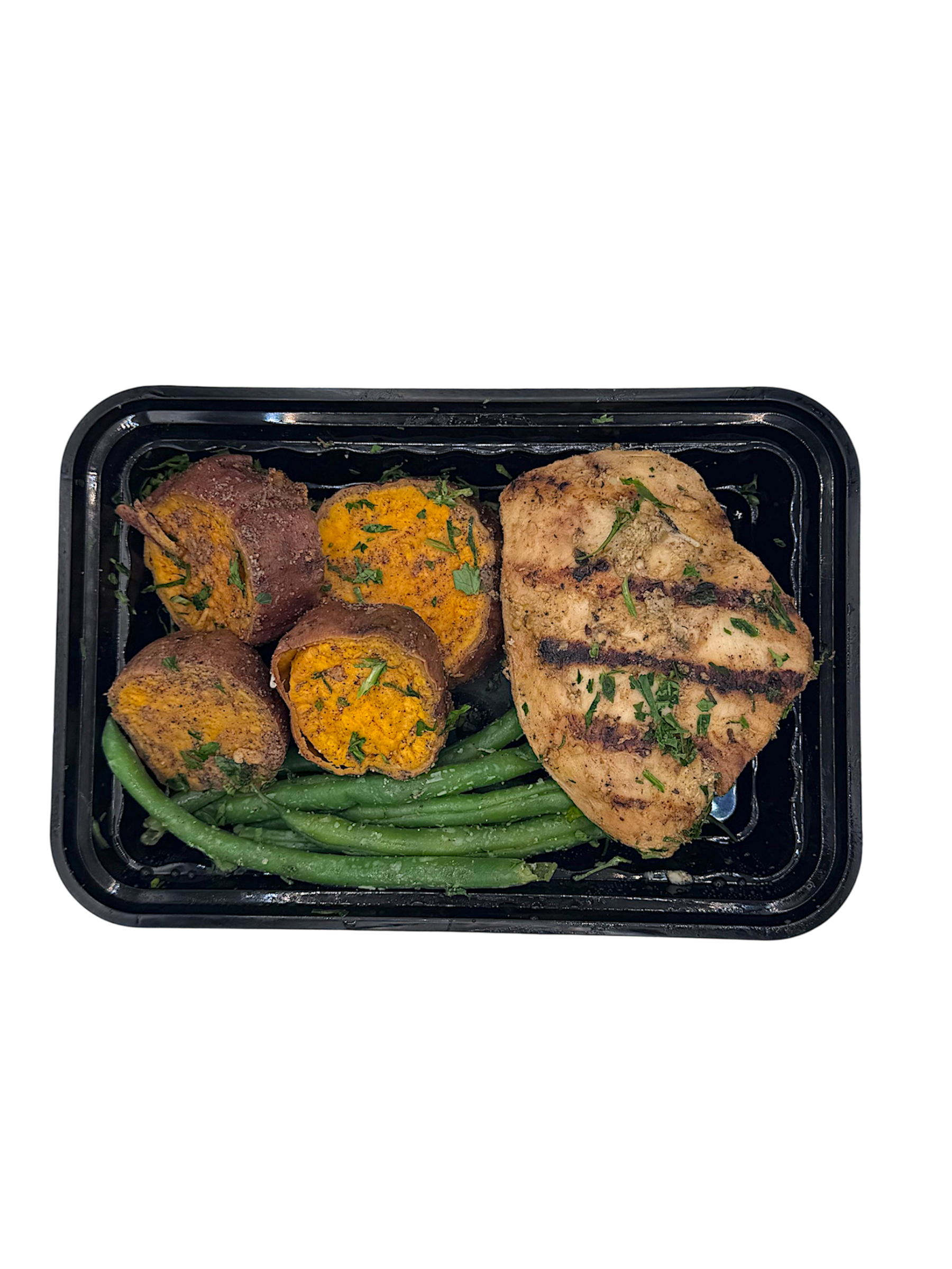 Mojito Grilled Chicken with Roasted Sweet Potatoes and Steamed Green Beans