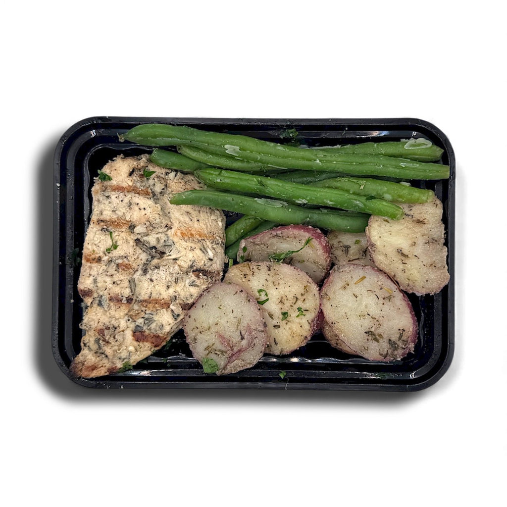 Grilled Rosemary Chicken with Roasted Herb Potatoes and Steamed Green Beans