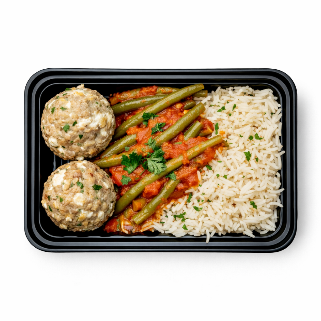 Greek Meatballs with Lemon Herb Rice and Braised Green Beans