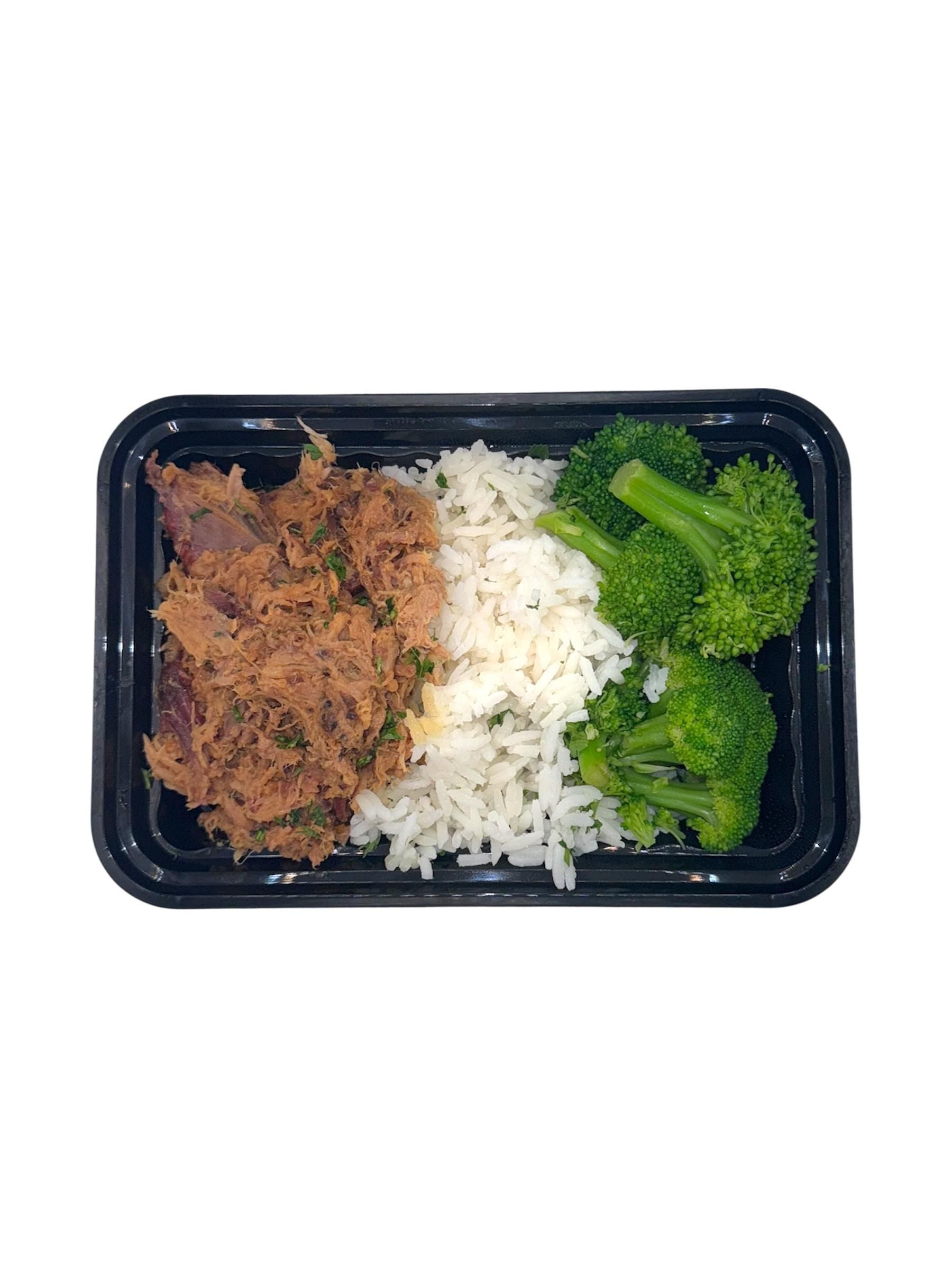 Spicy Korean Pulled Pork with Jasmine Rice and Steamed Broccoli